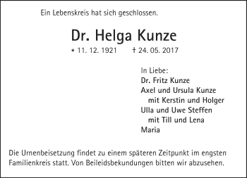 Traueranzeige von Helga Kunze von Trauerportal Echo Online