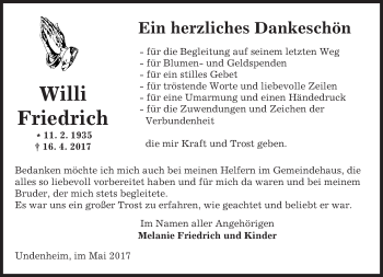 Traueranzeige von Willi Friedrich von Trauerportal Rhein Main Presse