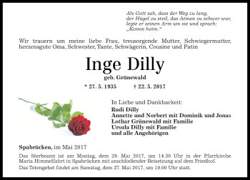 Traueranzeige von Inge Dilly von Trauerportal Rhein Main Presse