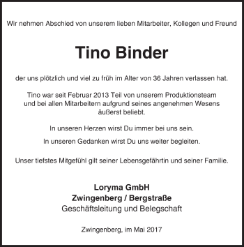 Traueranzeige von Tino Binder von Trauerportal Echo Online