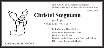 Traueranzeige von Christel Stegmann von  Kreisanzeiger