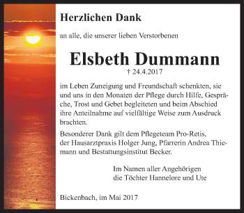 Traueranzeige von Elsbeth Dummann von Trauerportal Echo Online