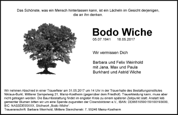 Traueranzeige von Bodo Wiche von Trauerportal Rhein Main Presse
