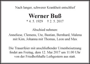 Traueranzeige von Werner Buß von  Gießener Anzeiger