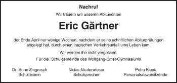 Traueranzeige von Eric Gärtner von  Kreisanzeiger
