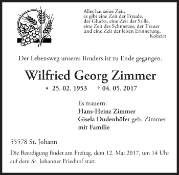 Traueranzeige von Wilfried Georg Zimmer von Trauerportal Rhein Main Presse