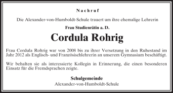 Traueranzeige von Cordula Rohrig von VRM Trauer