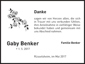 Traueranzeige von Gaby Benker von Trauerportal Rhein Main Presse