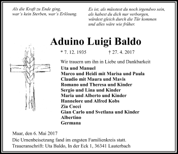 Traueranzeige von Aduino Luigi Baldo von VRM Trauer