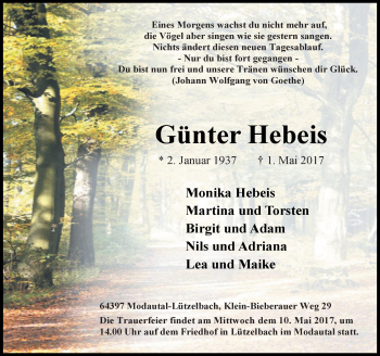 Traueranzeige von Günter Hebeis von Trauerportal Echo Online