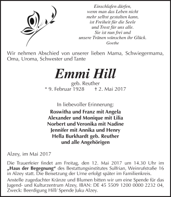 Traueranzeige von Emmi Hill von Trauerportal Rhein Main Presse