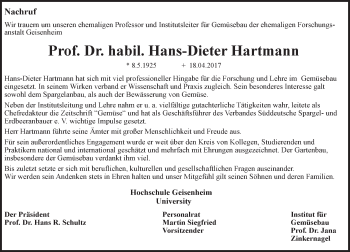 Traueranzeige von Hans Dieter Hartmann von Trauerportal Rhein Main Presse