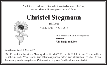 Traueranzeige von Christel Stegmann von  Kreisanzeiger