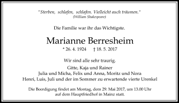 Traueranzeige von Marianne Berresheim von Trauerportal Rhein Main Presse