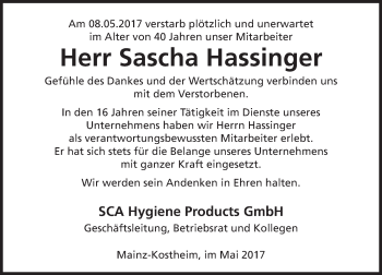 Traueranzeige von Sascha Hassinger von Trauerportal Rhein Main Presse