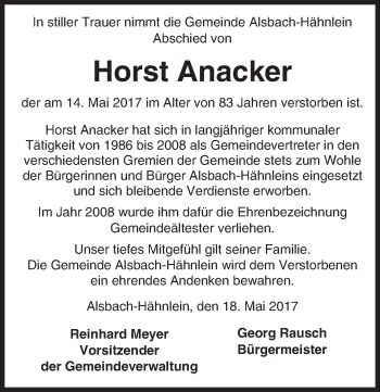 Traueranzeige von Horst Anacker von Trauerportal Echo Online