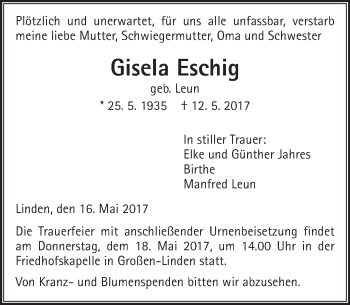Traueranzeige von Gisela Eschig von  Gießener Anzeiger