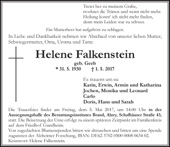 Traueranzeige von Helene Falkenstein von Trauerportal Rhein Main Presse