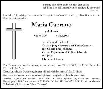Traueranzeige von Maria Caprano von Trauerportal Rhein Main Presse