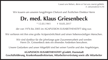 Traueranzeige von Klaus Griesenbeck von Trauerportal Echo Online