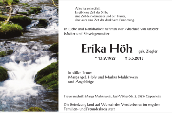 Traueranzeige von Erika Höh von Allgemeine Zeitung Mainz