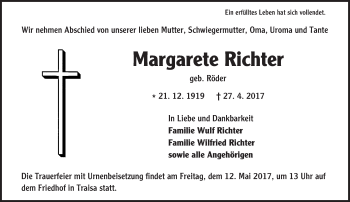 Traueranzeige von Margarete Richter von Trauerportal Echo Online