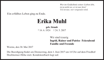 Traueranzeige von Erika Muhl von Trauerportal Rhein Main Presse