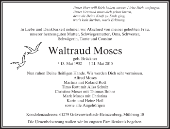 Traueranzeige von Waltraud Moses von  Usinger Anzeiger