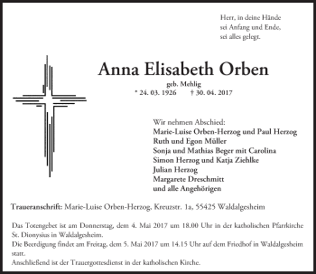 Traueranzeige von Anna Elisabeth Orben von Trauerportal Rhein Main Presse