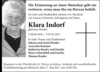 Traueranzeige von Klara Indorf von Trauerportal Rhein Main Presse