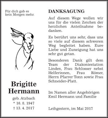 Traueranzeige von Brigitte Hermann von  Gießener Anzeiger