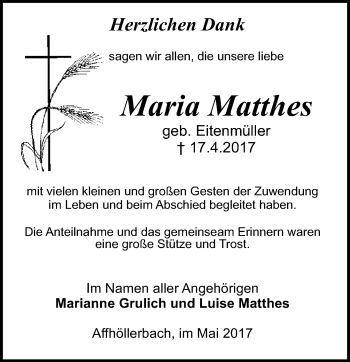 Traueranzeige von Maria Matthes von Trauerportal Echo Online