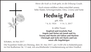 Traueranzeige von Hedwig Paul von  Kreisanzeiger