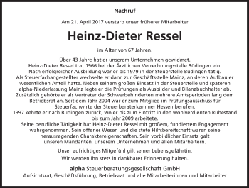 Traueranzeige von Heinz-Dieter Ressel von  Kreisanzeiger