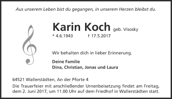 Traueranzeige von Karin Koch von Trauerportal Echo Online