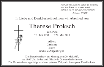 Traueranzeige von Therese Proksch von  Usinger Anzeiger