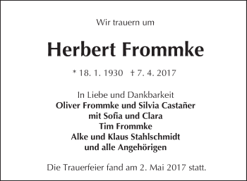 Traueranzeige von Herbert Frommke von Trauerportal Rhein Main Presse