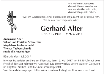 Traueranzeige von Gerhard Alter von Trauerportal Echo Online