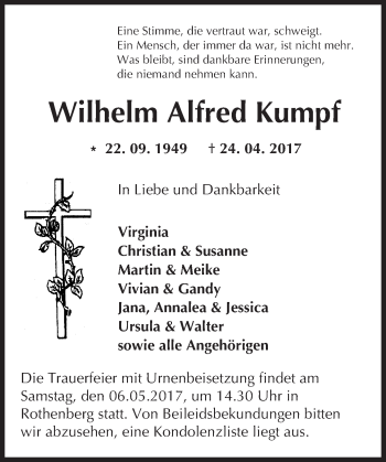 Traueranzeige von Wilhelm Alfred Kumpf von Trauerportal Echo Online