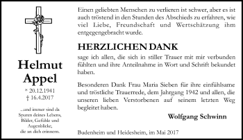 Traueranzeige von Helmut Appel von Trauerportal Rhein Main Presse