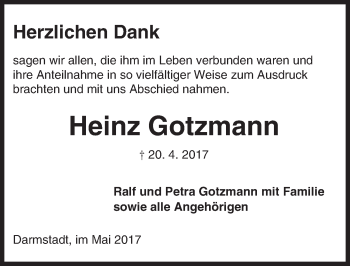 Traueranzeige von Heinz Gotzmann von Trauerportal Echo Online