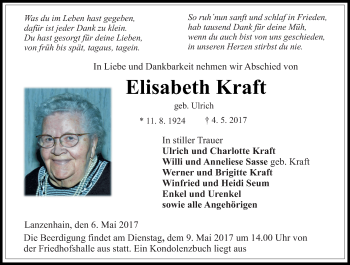 Traueranzeige von Elisabeth Kraft von VRM Trauer