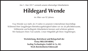 Traueranzeige von Hildegard Wende von Trauerportal Echo Online