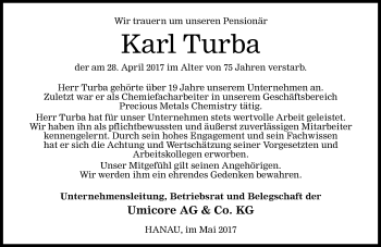 Traueranzeige von Karl Turba von  Kreisanzeiger