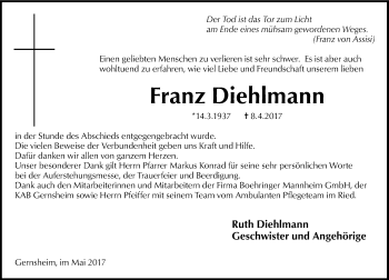 Traueranzeige von Franz Diehlmann von Trauerportal Echo Online