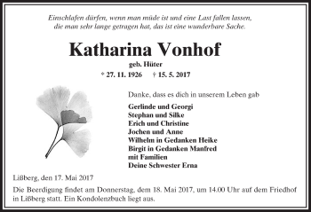 Traueranzeige von Katharina Vonhof von  Kreisanzeiger