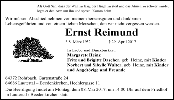 Traueranzeige von Ernst Reimund von Trauerportal Echo Online
