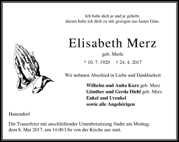 Traueranzeige von Elisabeth Merz von VRM Trauer