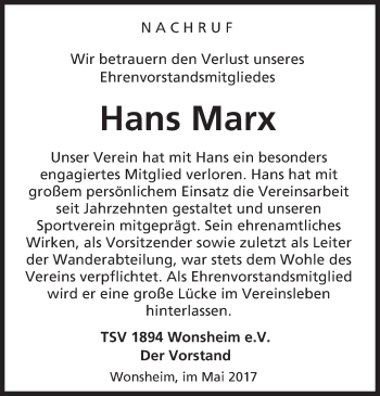 Traueranzeige von Hans Marx von Trauerportal Rhein Main Presse
