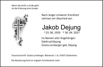 Traueranzeige von Jakob Dejung von Trauerportal Rhein Main Presse